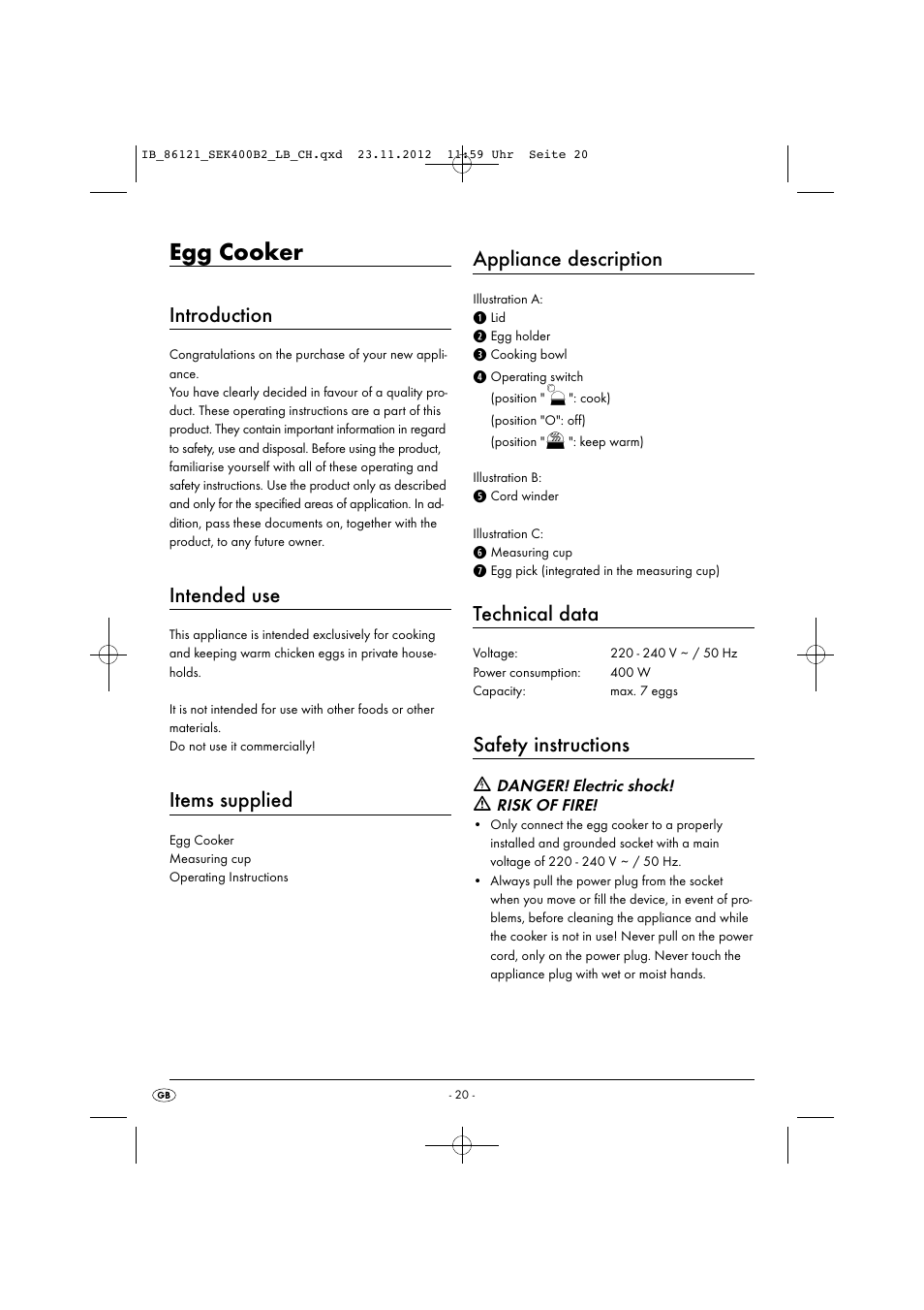 Egg cooker, Introduction, Intended use | Items supplied, Appliance description, Technical data, Safety instructions | Silvercrest SEK 400 B2 User Manual | Page 23 / 27