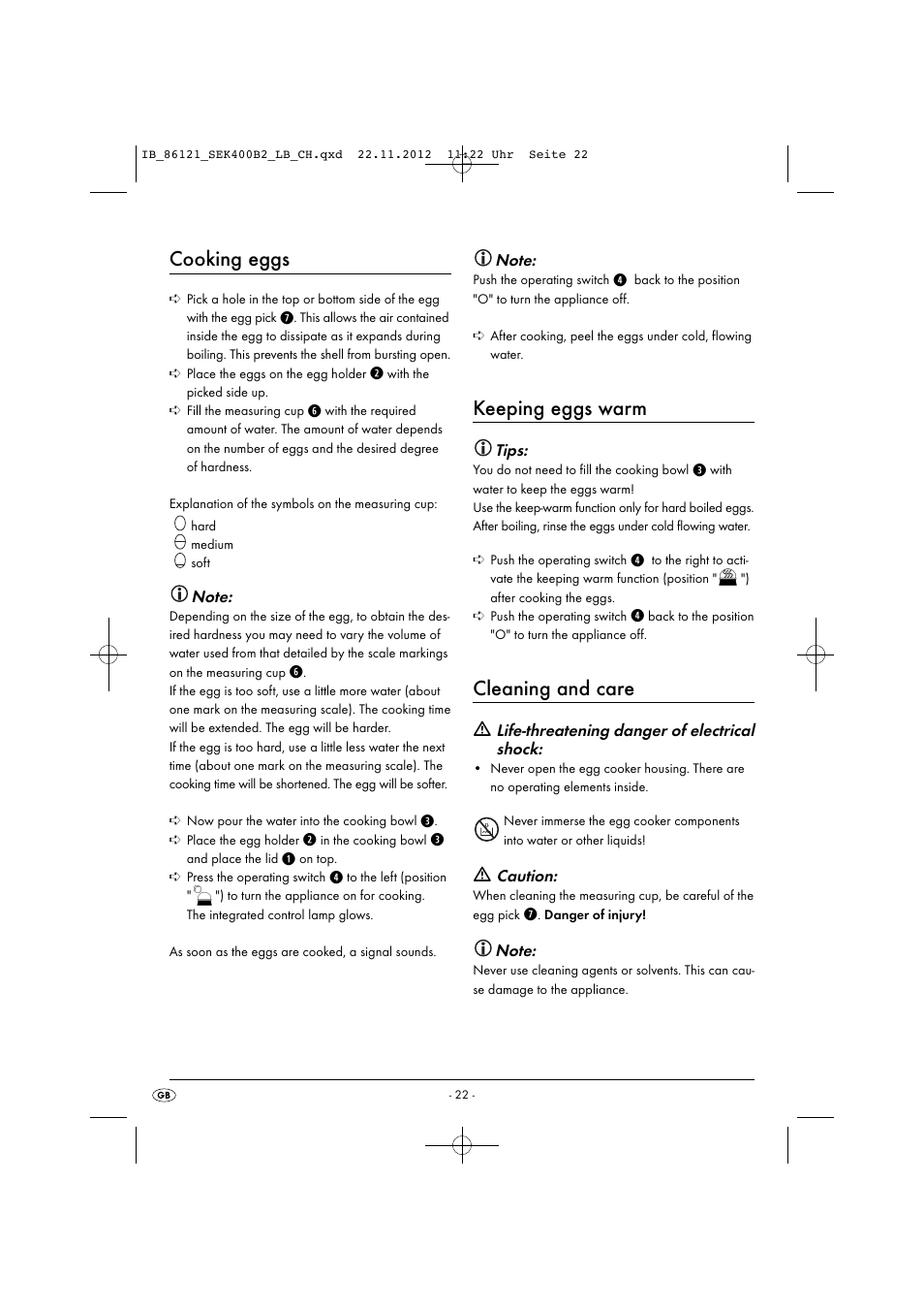 Cooking eggs, Keeping eggs warm, Cleaning and care | Silvercrest SEK 400 B2 User Manual | Page 25 / 27