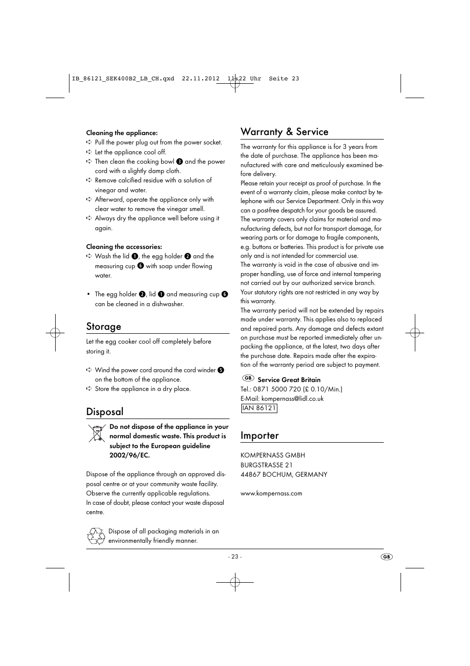 Storage, Disposal, Warranty & service | Importer | Silvercrest SEK 400 B2 User Manual | Page 26 / 27