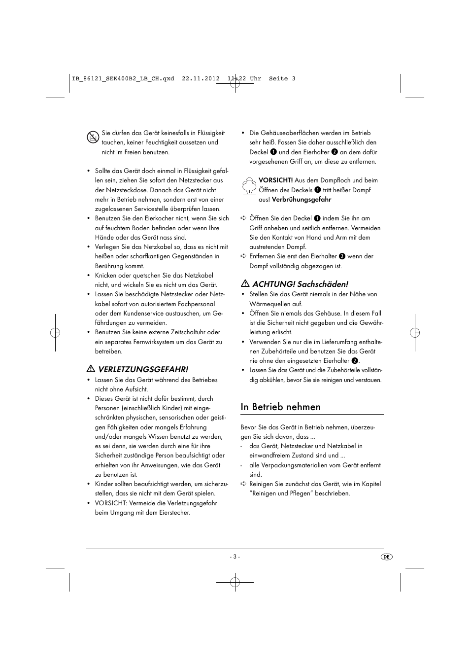 Verletzungsgefahr, Achtung! sachschäden | Silvercrest SEK 400 B2 User Manual | Page 6 / 27