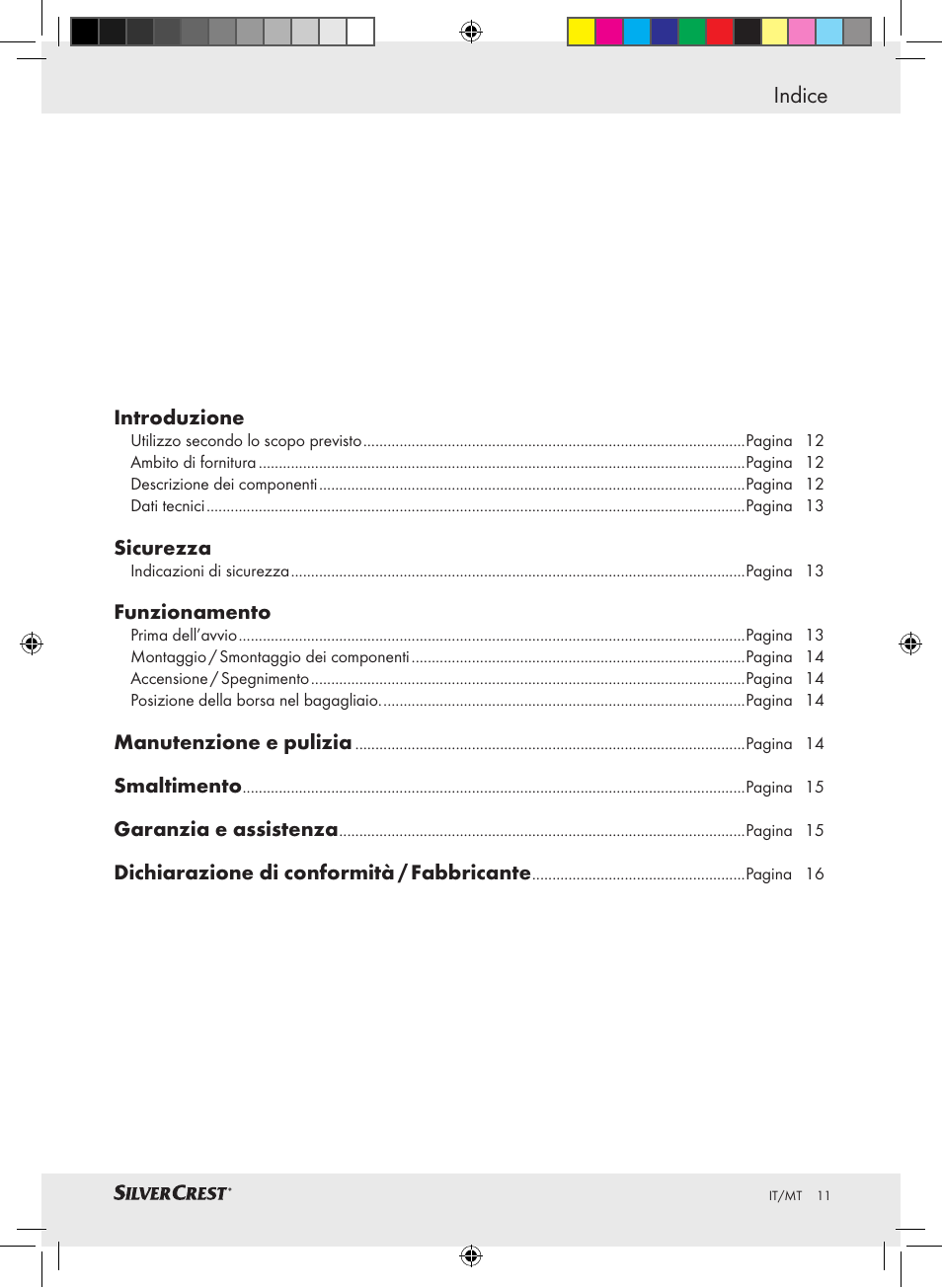 Indice, Introduzione, Sicurezza | Funzionamento, Manutenzione e pulizia, Smaltimento, Garanzia e assistenza, Dichiarazione di conformità / fabbricante | Silvercrest SHS 12.0 A1 User Manual | Page 10 / 33