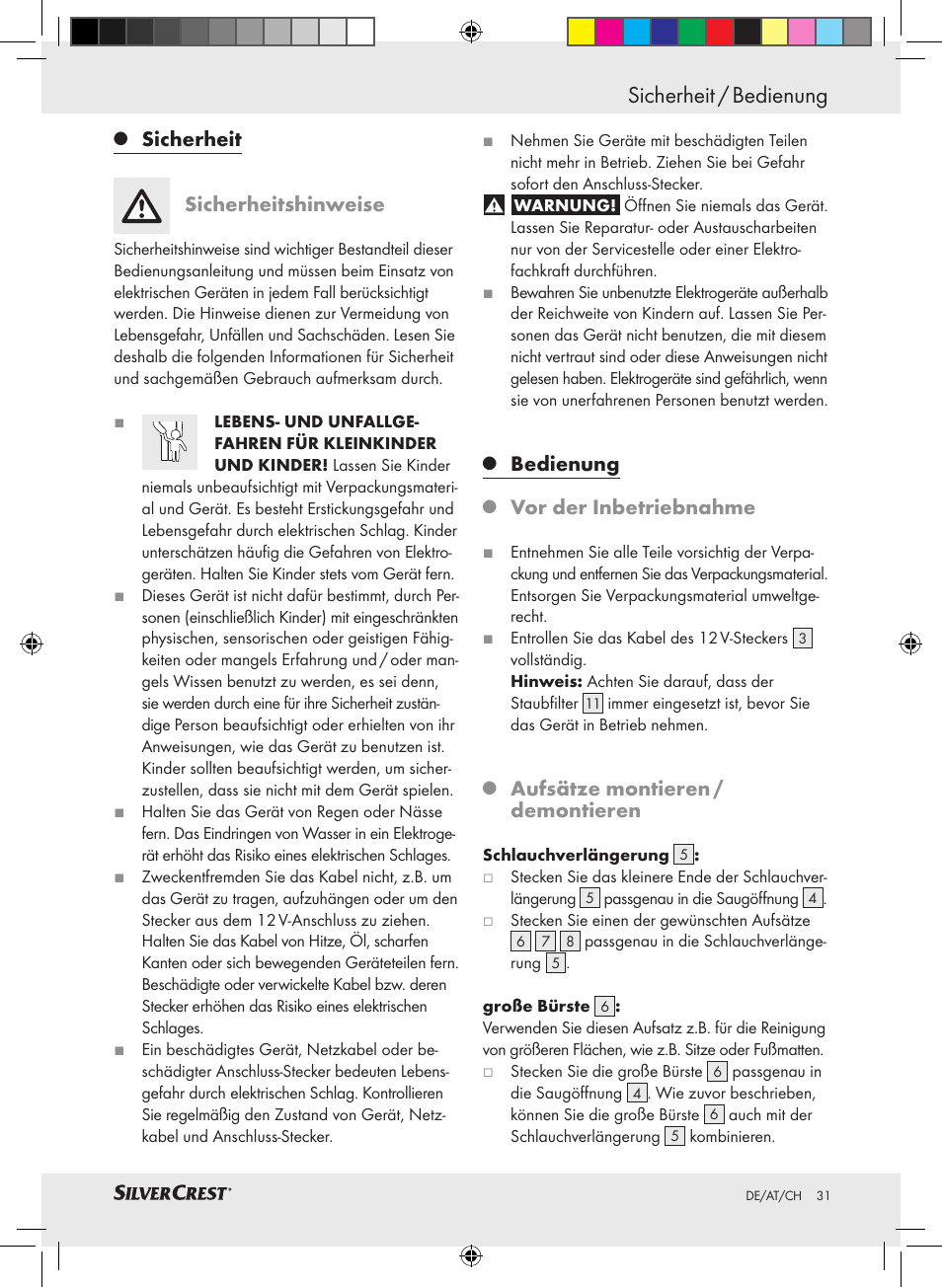 Sicherheit / bedienung, Sicherheit, Sicherheitshinweise | Bedienung, Vor der inbetriebnahme, Aufsätze montieren / demontieren | Silvercrest SHS 12.0 A1 User Manual | Page 30 / 33