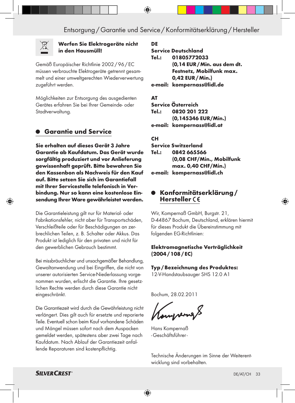 Garantie und service, Konformitätserklärung / hersteller | Silvercrest SHS 12.0 A1 User Manual | Page 32 / 33