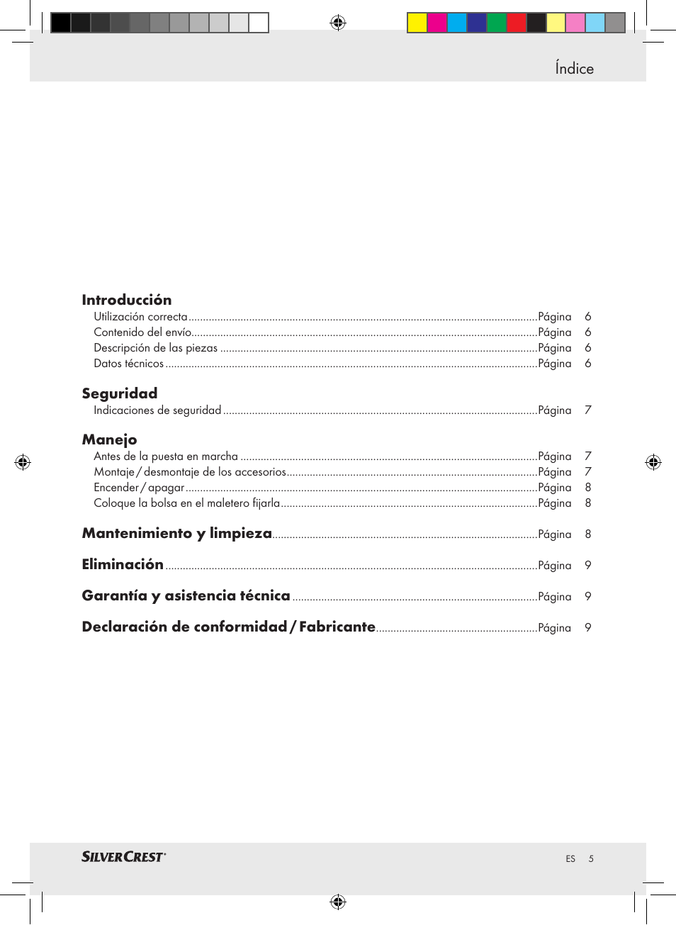 Índice, Introducción, Seguridad | Manejo, Mantenimiento y limpieza, Eliminación, Garantía y asistencia técnica, Declaración de conformidad / fabricante | Silvercrest SHS 12.0 A1 User Manual | Page 4 / 33