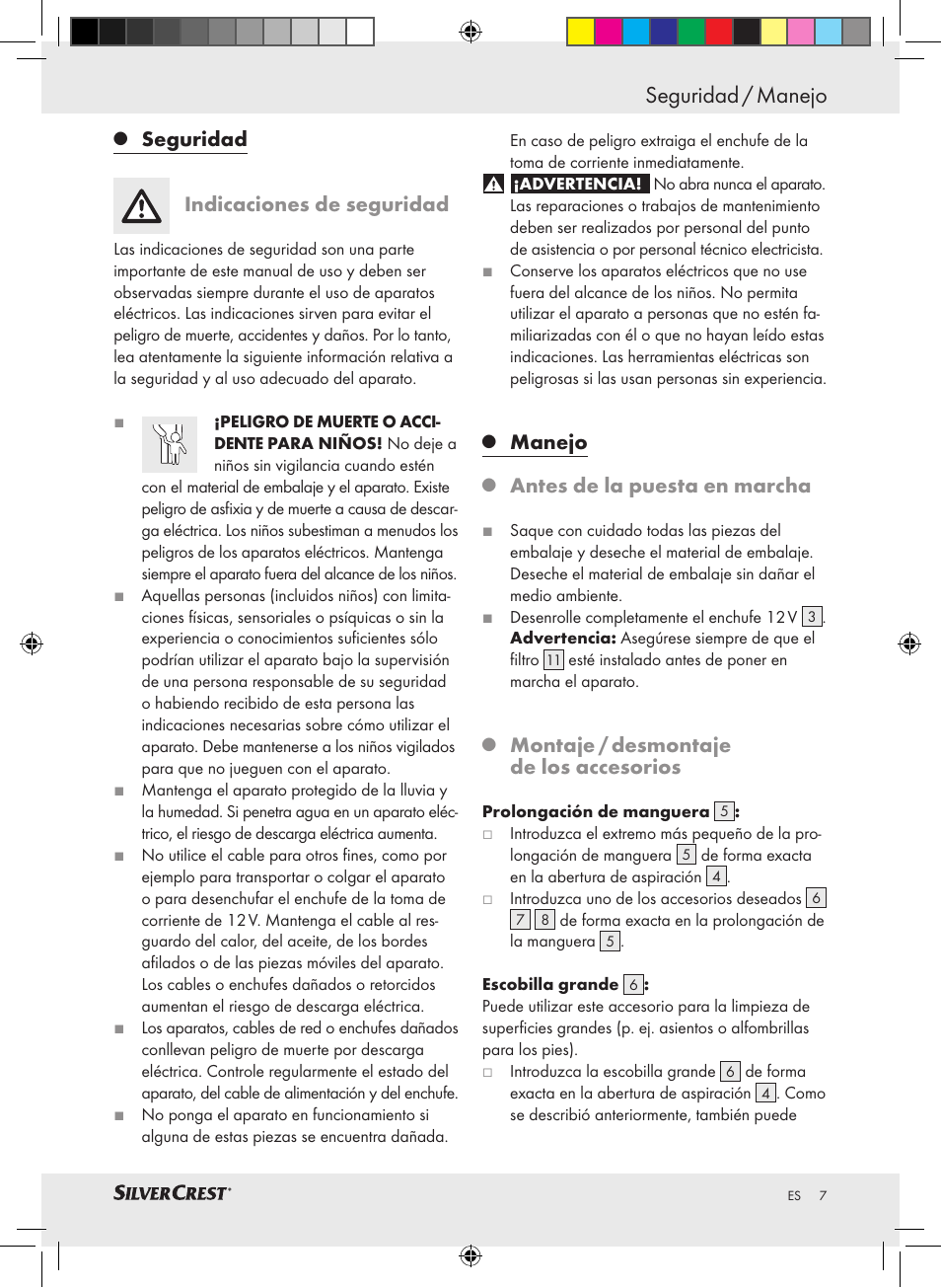 Seguridad / manejo, Seguridad, Indicaciones de seguridad | Manejo, Antes de la puesta en marcha, Montaje / desmontaje de los accesorios | Silvercrest SHS 12.0 A1 User Manual | Page 6 / 33