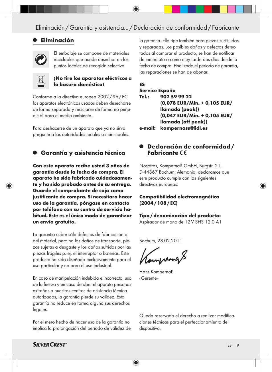Eliminación, Garantía y asistencia técnica, Declaración de conformidad / fabricante | Silvercrest SHS 12.0 A1 User Manual | Page 8 / 33