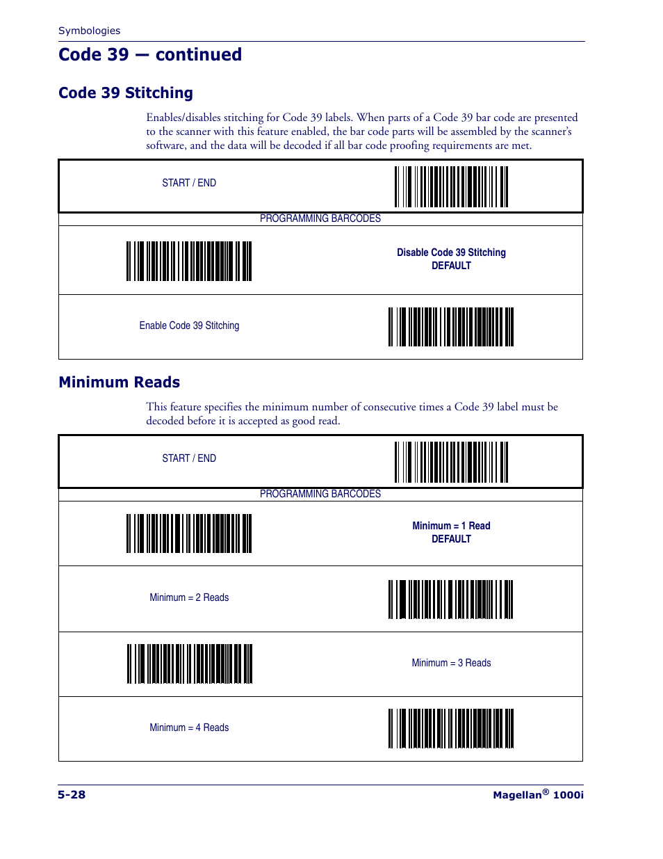 Code 39 — continued, Code 39 stitching, Minimum reads | Datalogic Scanning MAGELLAN 1000I User Manual | Page 102 / 160