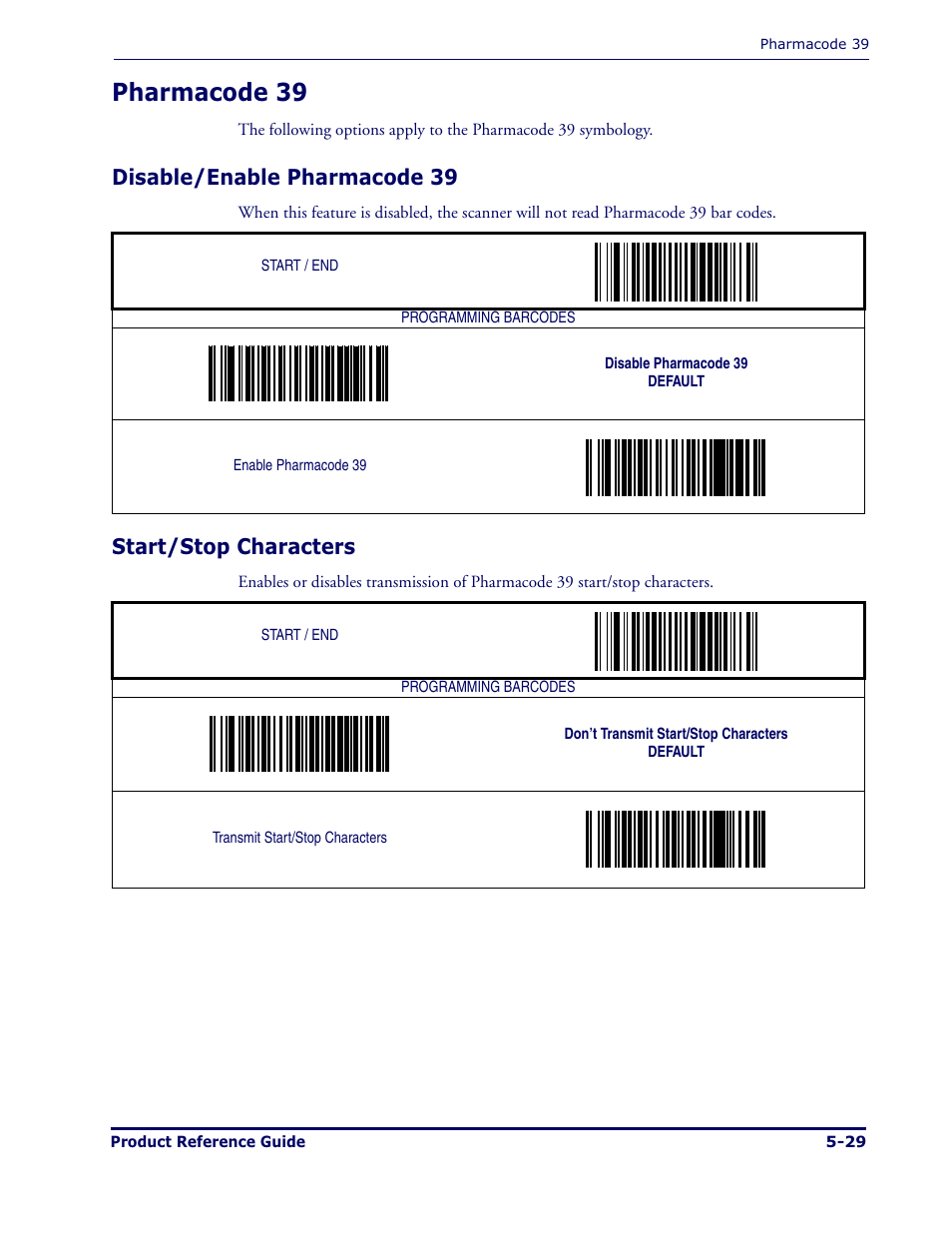 Pharmacode 39, Disable/enable pharmacode 39, Start/stop characters | Datalogic Scanning MAGELLAN 1000I User Manual | Page 103 / 160