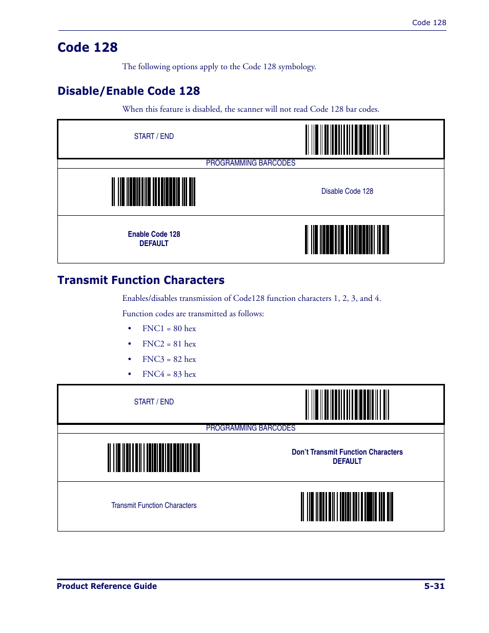 Code 128, Disable/enable code 128, Transmit function characters | Datalogic Scanning MAGELLAN 1000I User Manual | Page 105 / 160