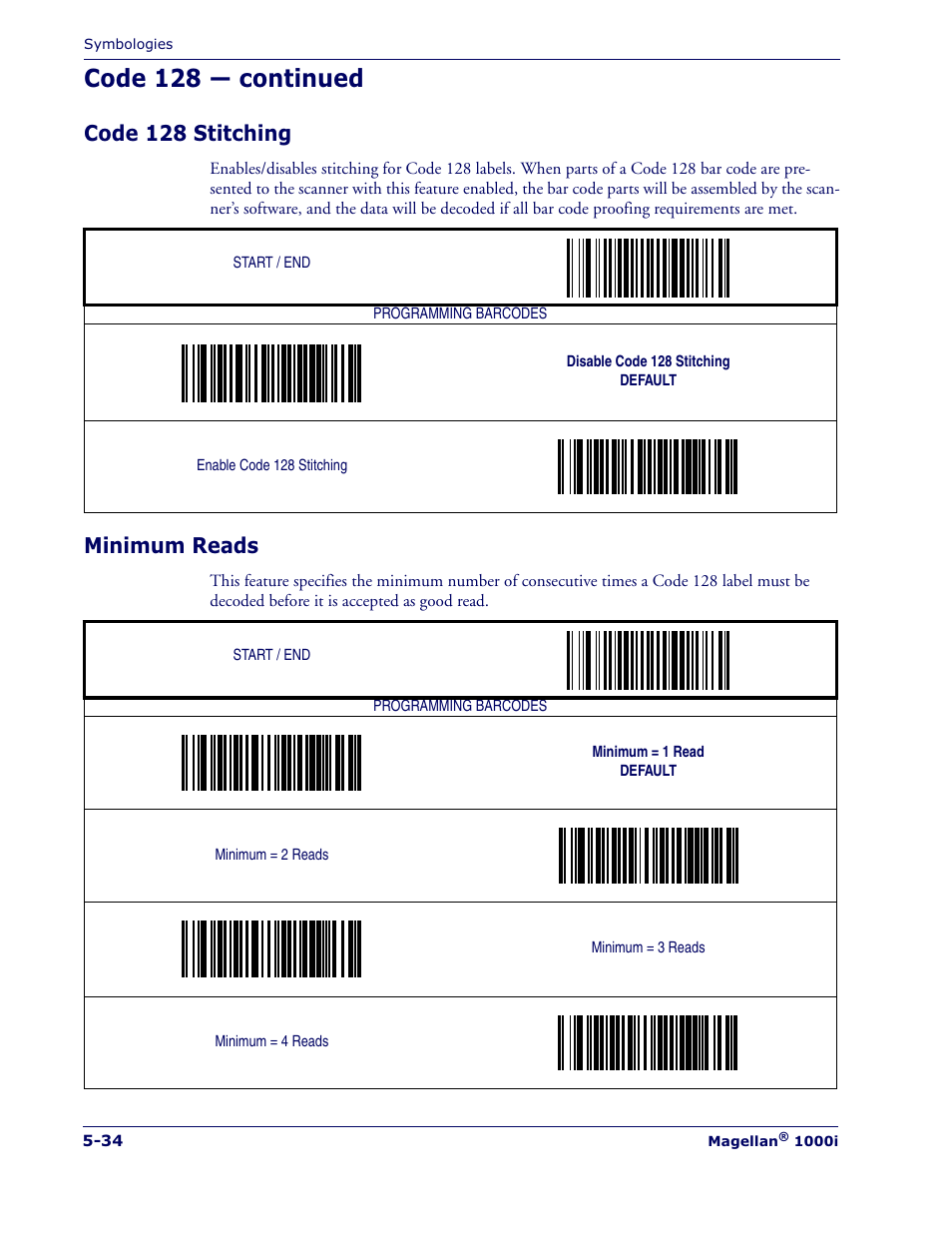 Code 128 — continued, Code 128 stitching, Minimum reads | Datalogic Scanning MAGELLAN 1000I User Manual | Page 108 / 160