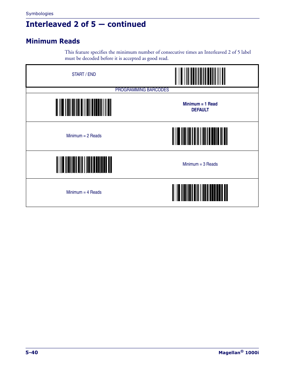 Interleaved 2 of 5 — continued, Minimum reads | Datalogic Scanning MAGELLAN 1000I User Manual | Page 114 / 160