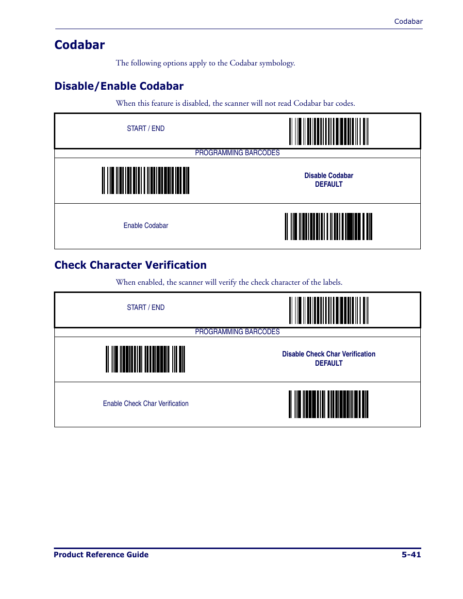 Codabar, Disable/enable codabar, Check character verification | Datalogic Scanning MAGELLAN 1000I User Manual | Page 115 / 160