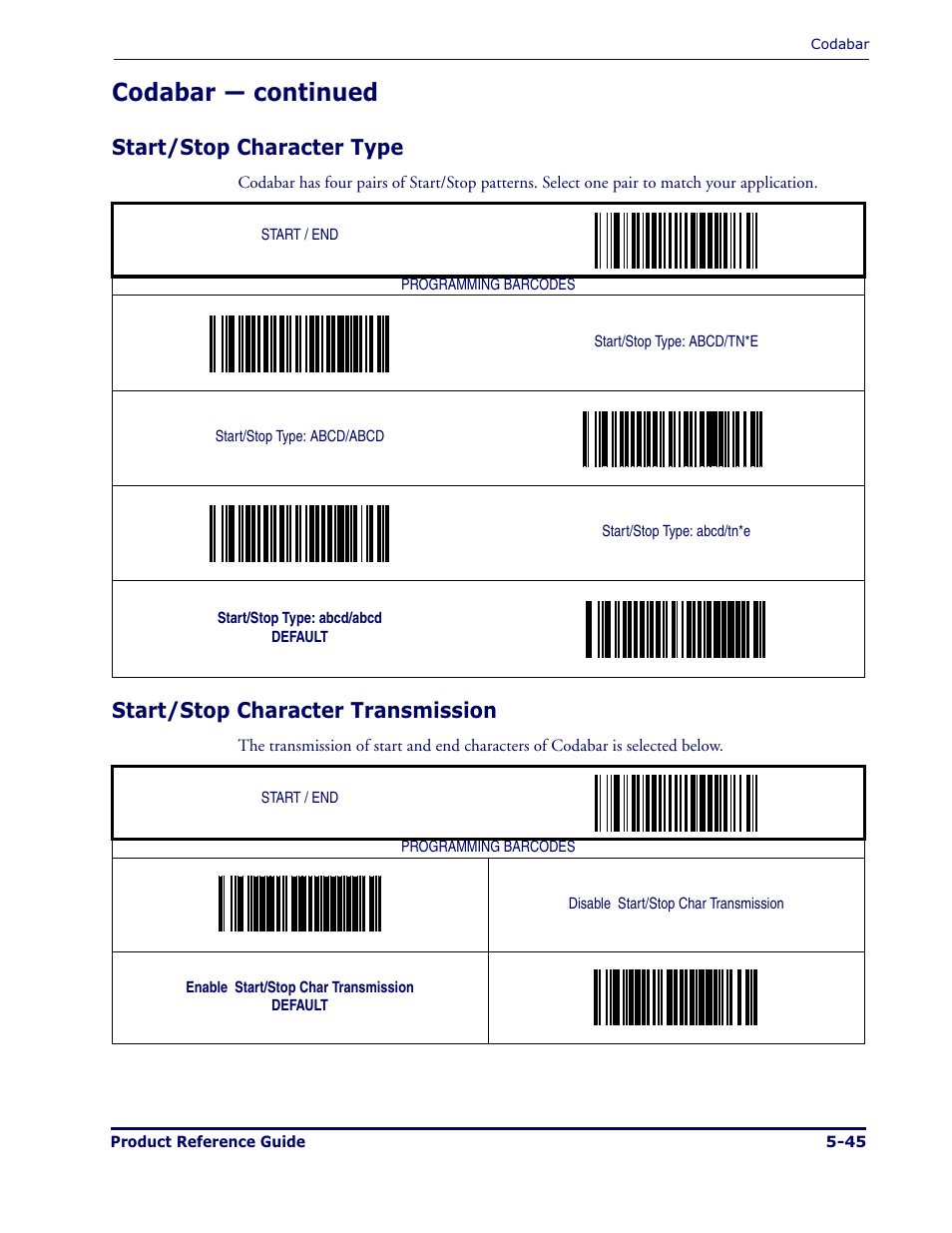 Codabar — continued, Start/stop character type, Start/stop character transmission | Datalogic Scanning MAGELLAN 1000I User Manual | Page 119 / 160