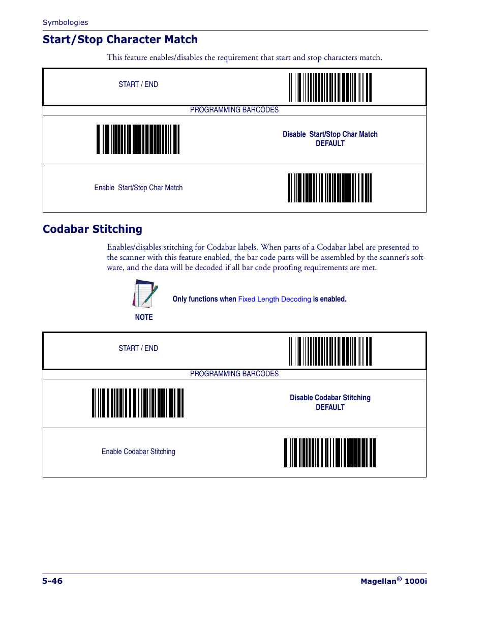 Start/stop character match, Codabar stitching | Datalogic Scanning MAGELLAN 1000I User Manual | Page 120 / 160