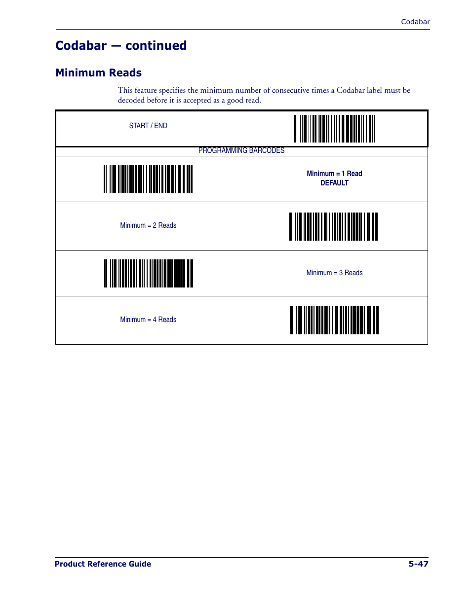 Codabar — continued, Minimum reads | Datalogic Scanning MAGELLAN 1000I User Manual | Page 121 / 160