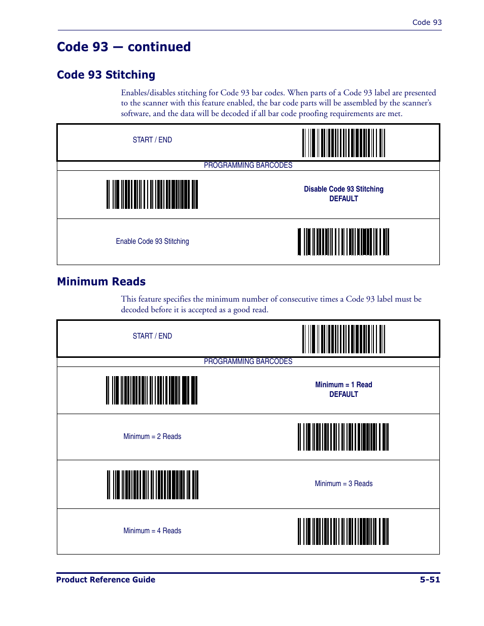 Code 93 — continued, Code 93 stitching, Minimum reads | Datalogic Scanning MAGELLAN 1000I User Manual | Page 125 / 160