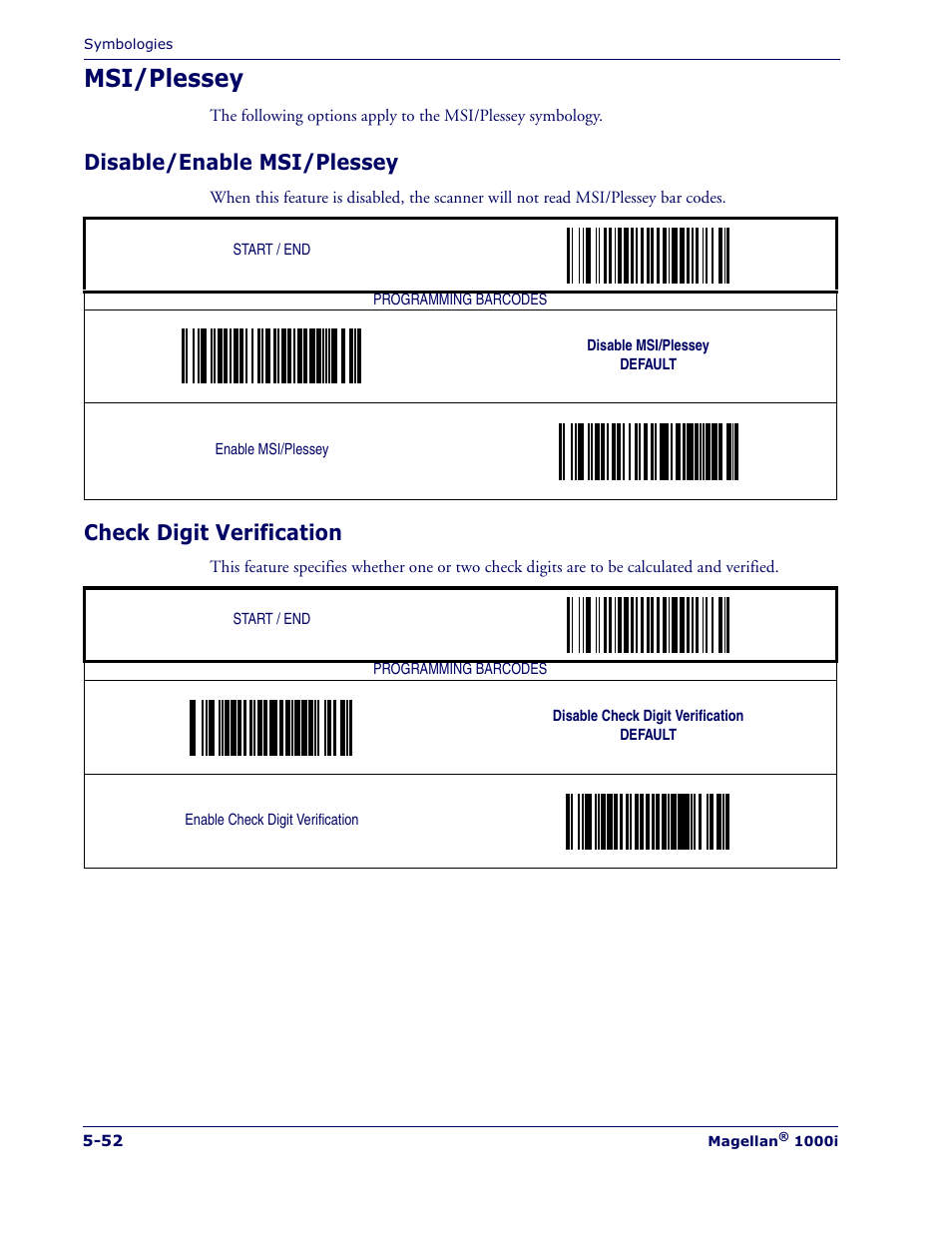Msi/plessey, Disable/enable msi/plessey, Check digit verification | Datalogic Scanning MAGELLAN 1000I User Manual | Page 126 / 160