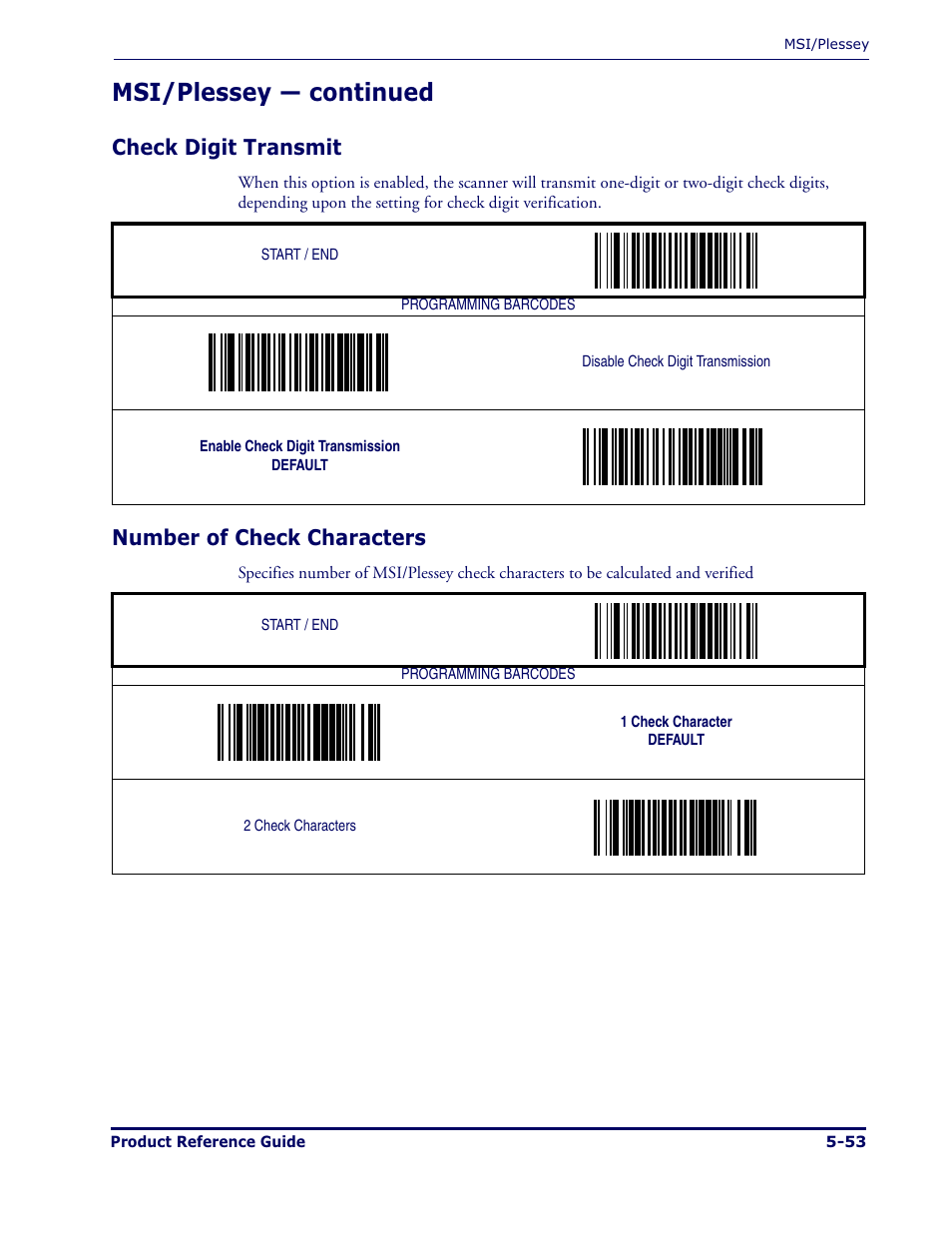 Msi/plessey — continued, Check digit transmit, Number of check characters | Datalogic Scanning MAGELLAN 1000I User Manual | Page 127 / 160