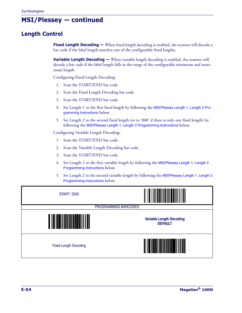 Msi/plessey — continued, Length control | Datalogic Scanning MAGELLAN 1000I User Manual | Page 128 / 160