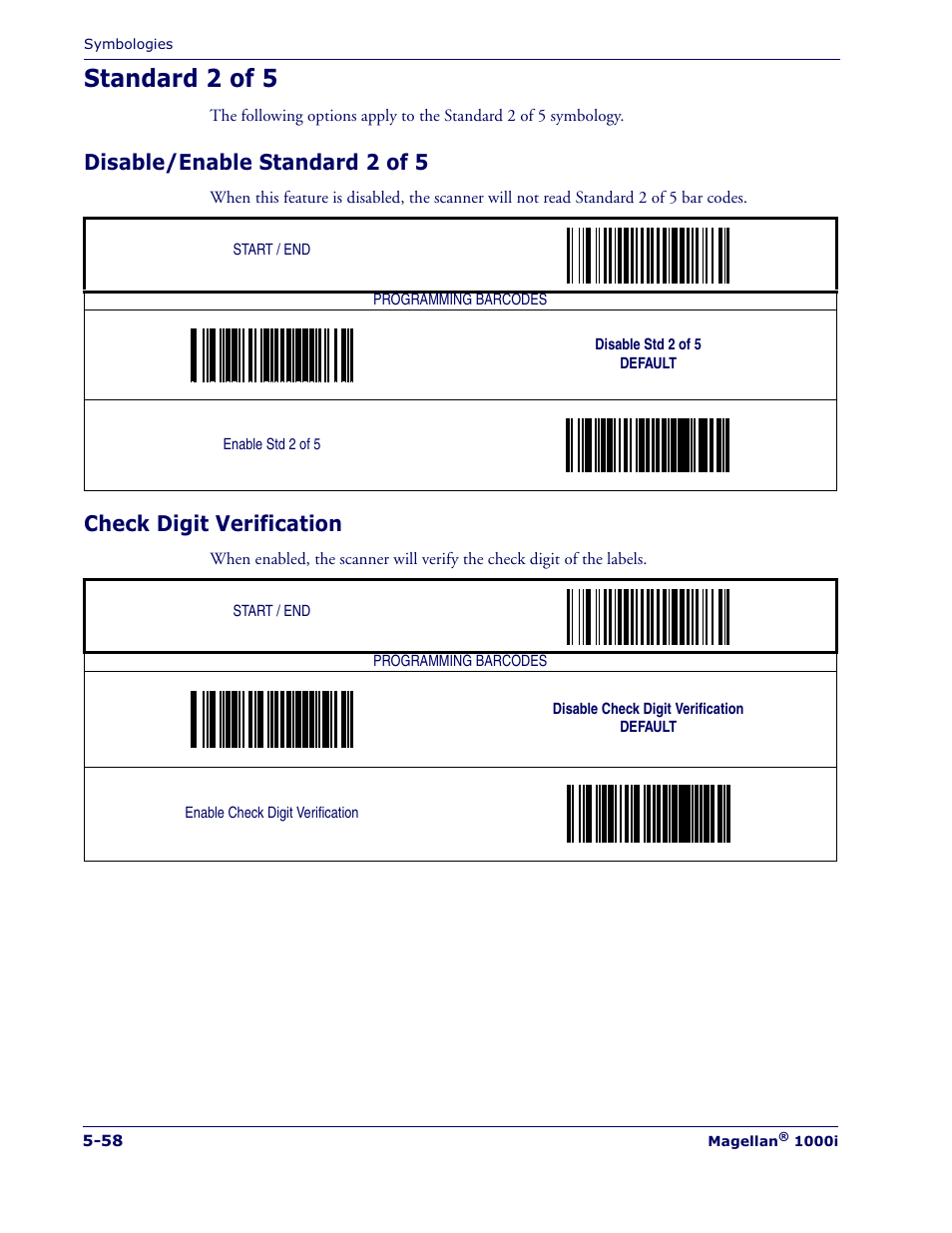 Standard 2 of 5, Disable/enable standard 2 of 5, Check digit verification | Datalogic Scanning MAGELLAN 1000I User Manual | Page 132 / 160