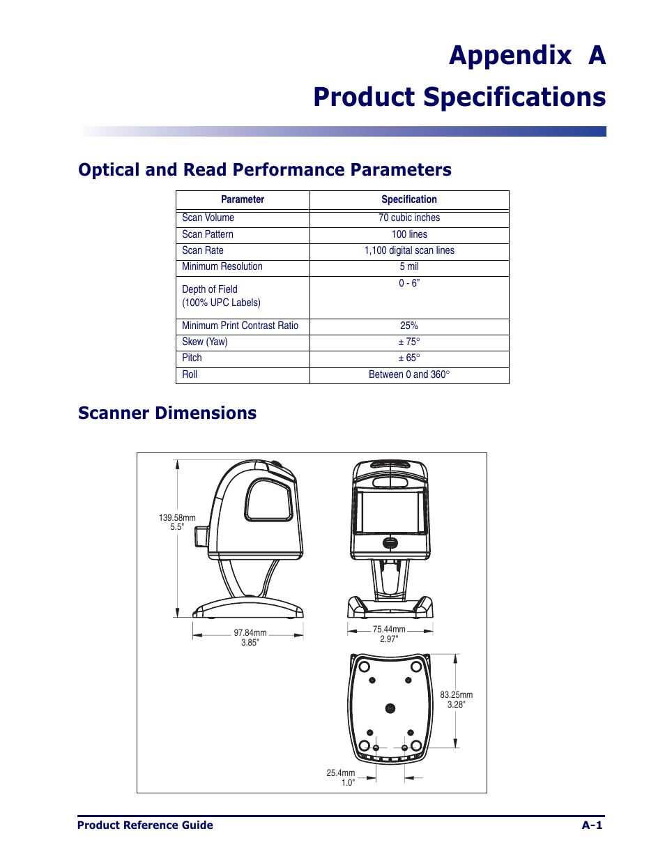 Appendix a product specifications | Datalogic Scanning MAGELLAN 1000I User Manual | Page 139 / 160