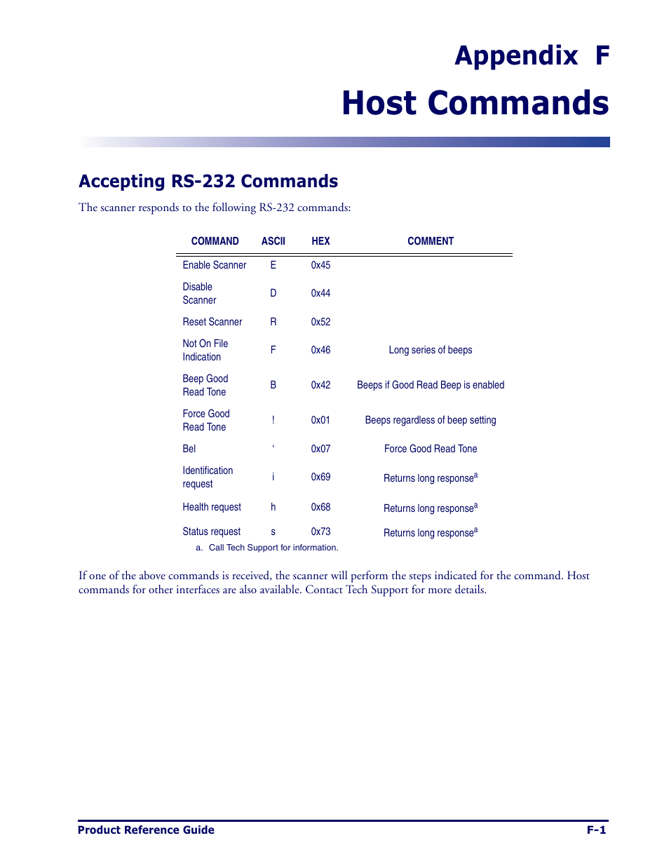 Host commands, Appendix f, Accepting rs-232 commands | Datalogic Scanning MAGELLAN 1000I User Manual | Page 155 / 160