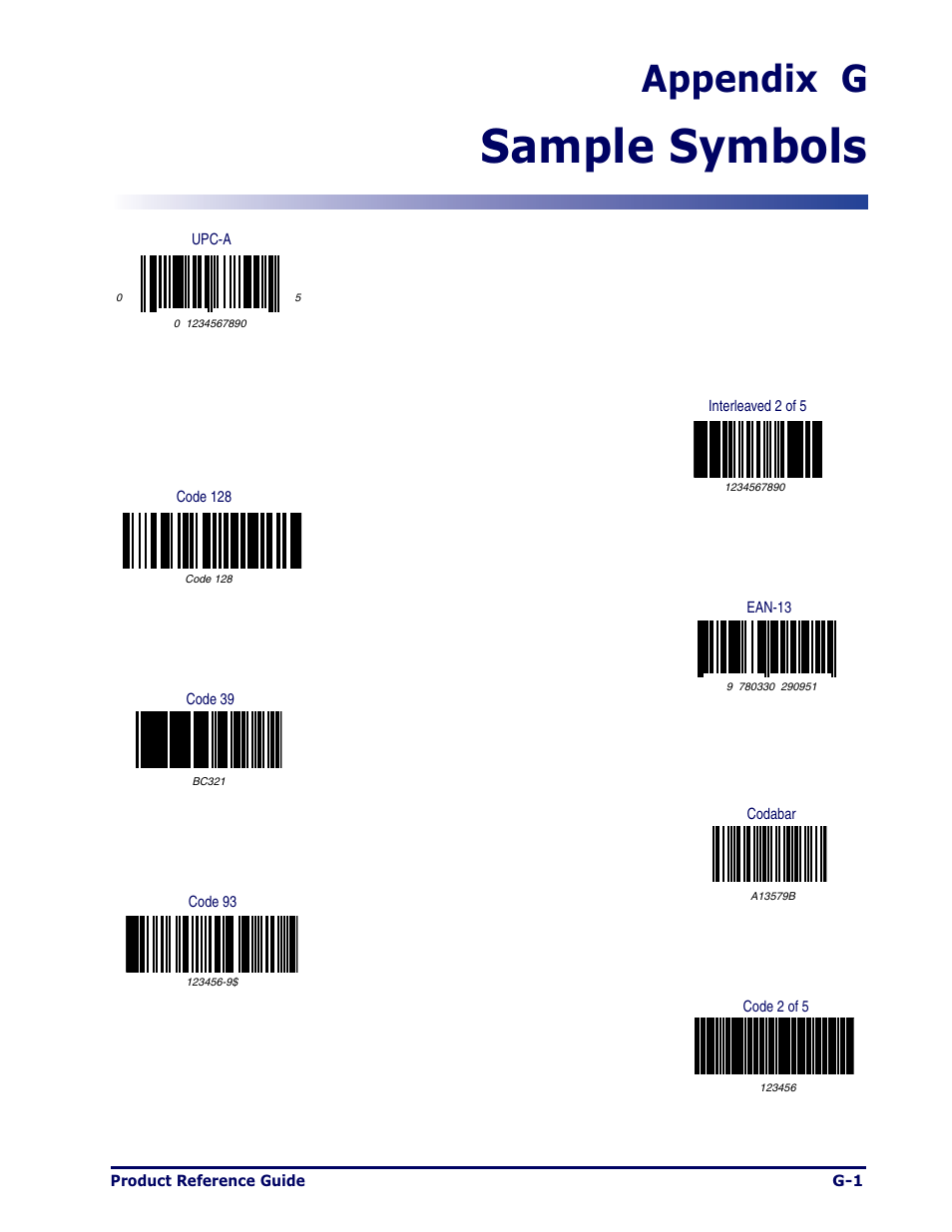 Sample symbols, Appendix g | Datalogic Scanning MAGELLAN 1000I User Manual | Page 157 / 160
