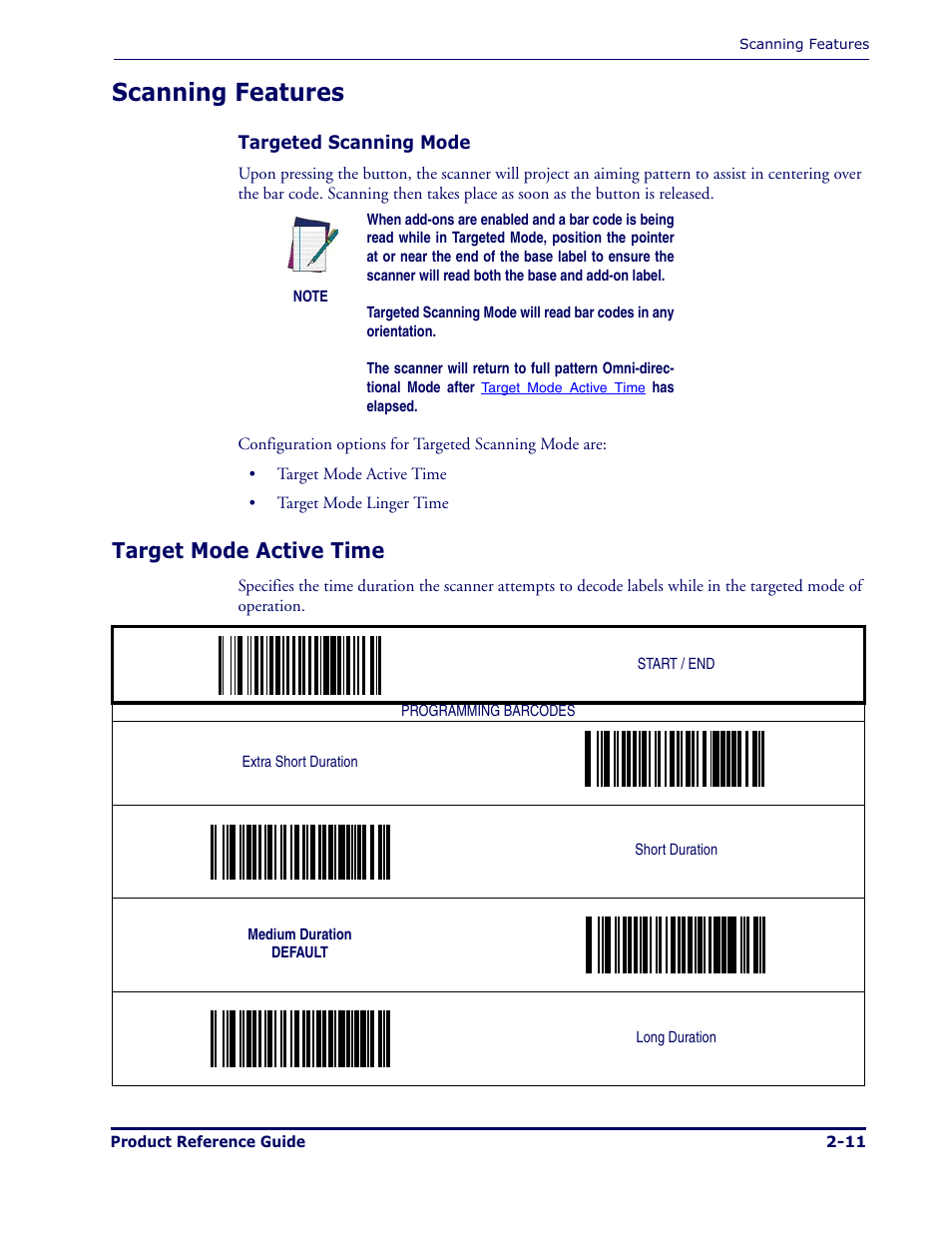 Scanning features, Target mode active time | Datalogic Scanning MAGELLAN 1000I User Manual | Page 23 / 160