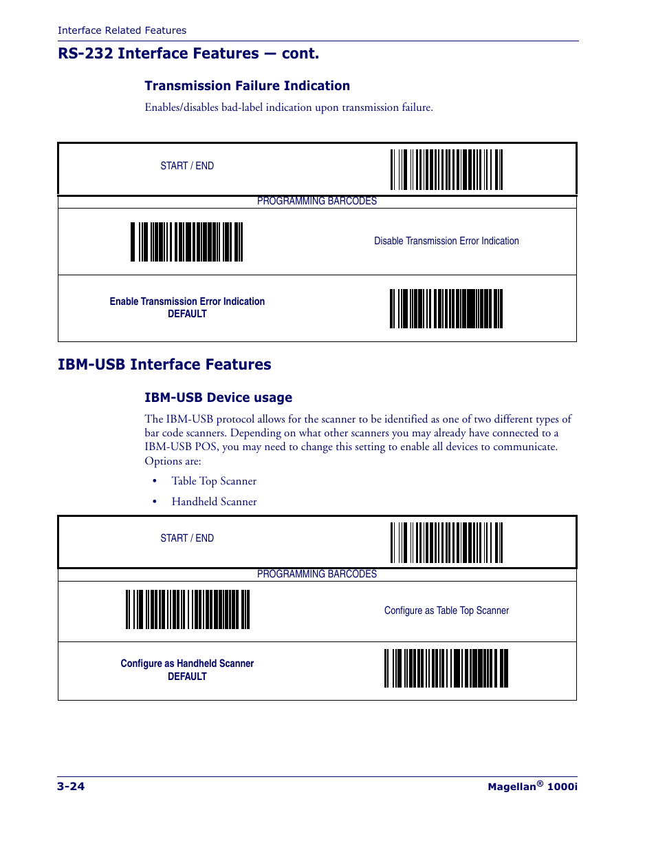 Rs-232 interface features — cont, Ibm-usb interface features | Datalogic Scanning MAGELLAN 1000I User Manual | Page 50 / 160