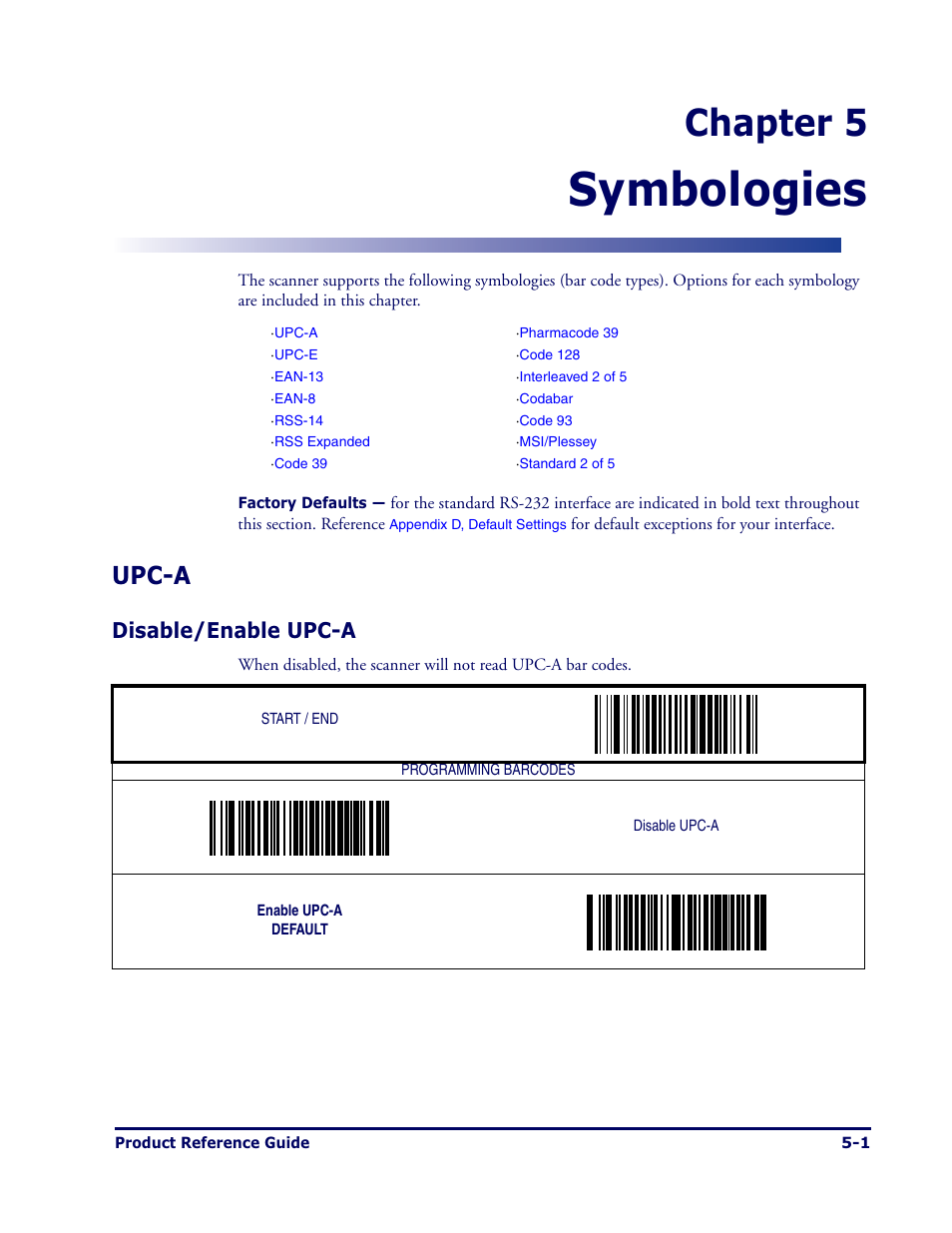 Symbologies, Chapter 5, Upc-a | Disable/enable upc-a | Datalogic Scanning MAGELLAN 1000I User Manual | Page 75 / 160
