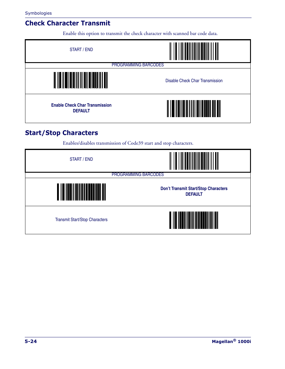 Check character transmit, Start/stop characters | Datalogic Scanning MAGELLAN 1000I User Manual | Page 98 / 160