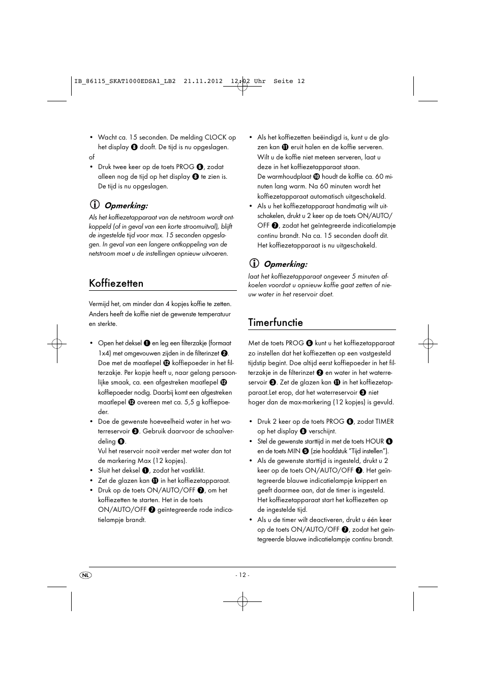 Koffiezetten, Timerfunctie, Opmerking | Silvercrest SKAT 1000 EDS A1 User Manual | Page 15 / 35