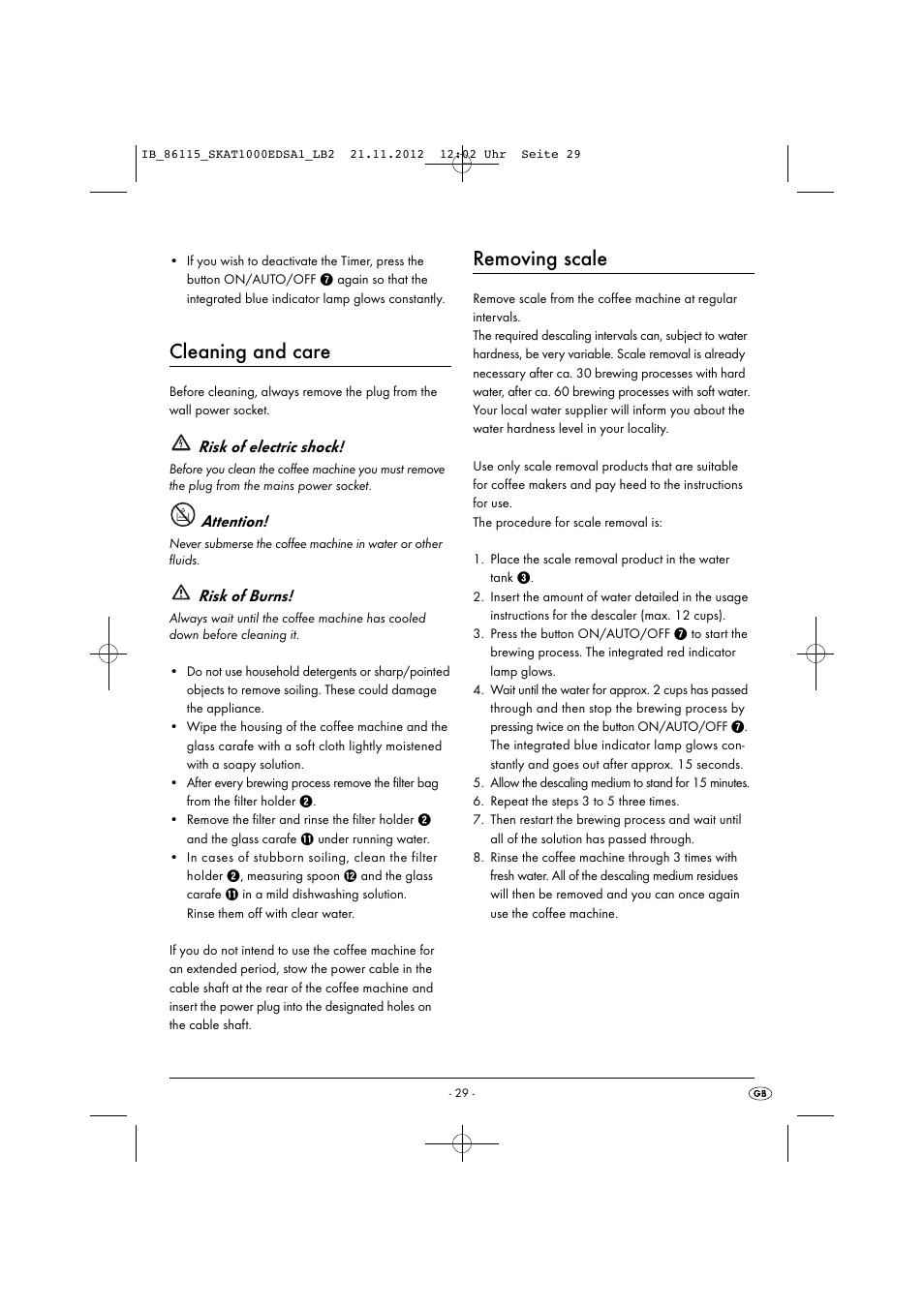 Cleaning and care, Removing scale, Risk of electric shock | Attention, Risk of burns | Silvercrest SKAT 1000 EDS A1 User Manual | Page 32 / 35