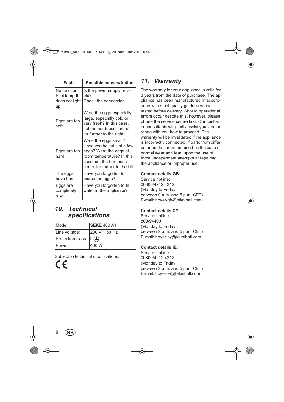 Technical specifications, Warranty | Silvercrest SEKE 400 A1 User Manual | Page 10 / 14