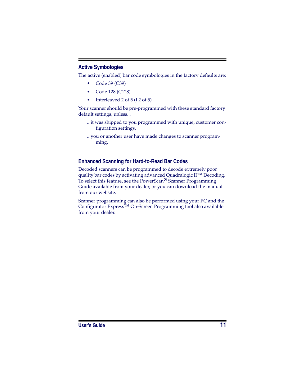 Active symbologies, Enhanced scanning for hard-to-read bar codes | Datalogic Scanning POWERSCAN SR User Manual | Page 17 / 24