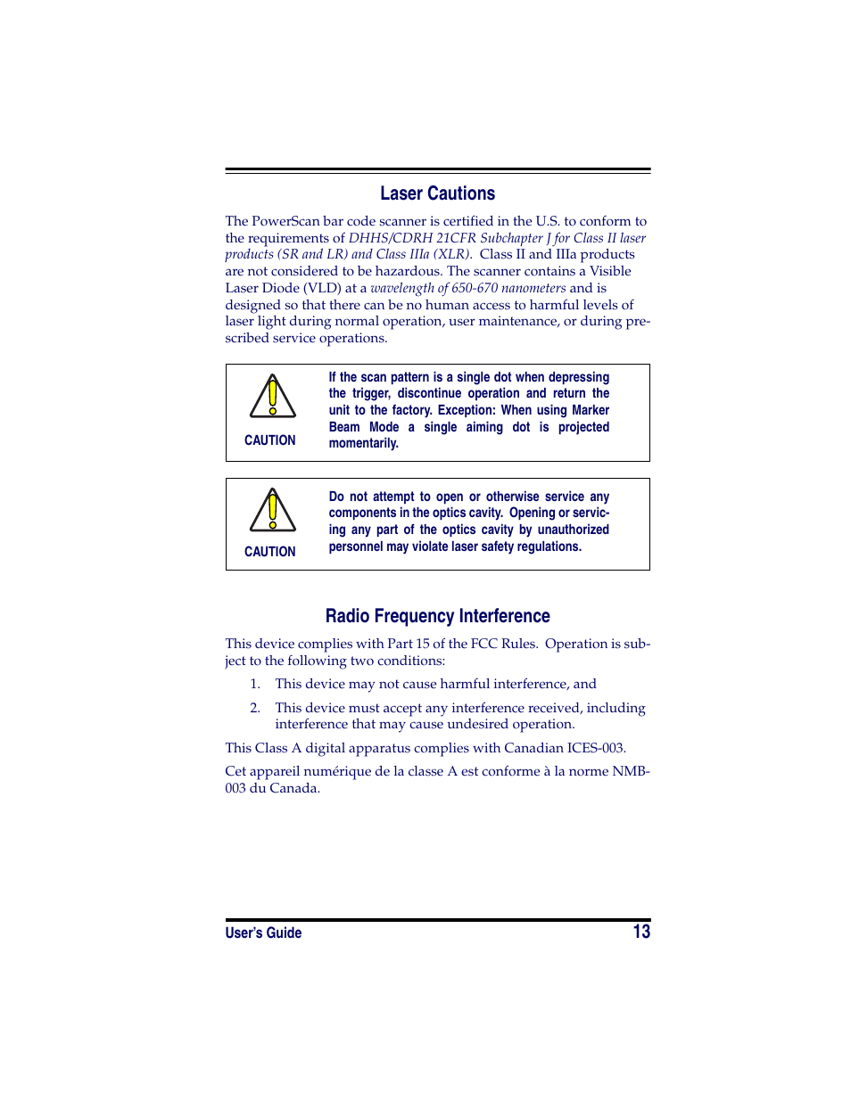 Laser cautions, Radio frequency interference, Laser cautions radio frequency interference | 13 laser cautions | Datalogic Scanning POWERSCAN SR User Manual | Page 19 / 24