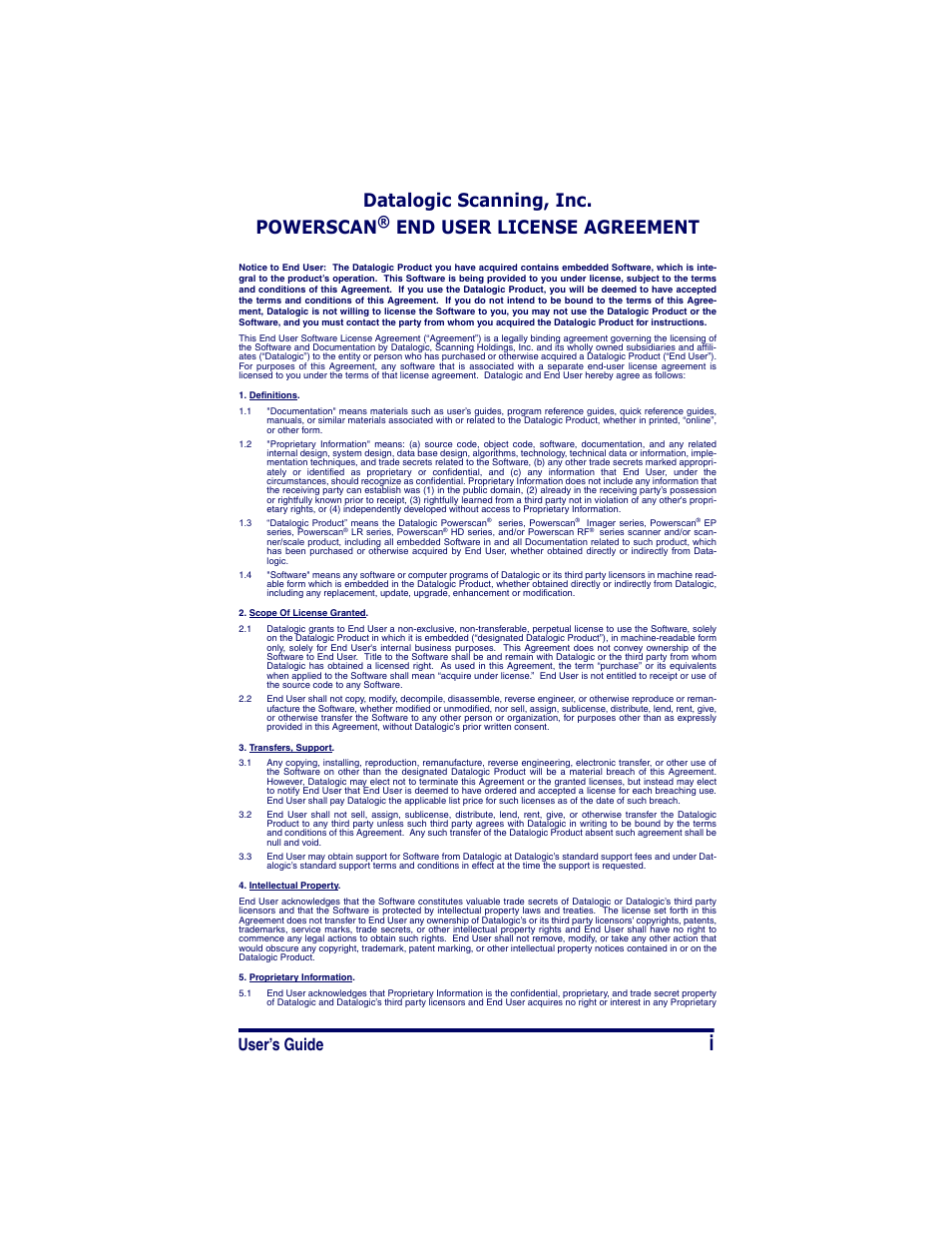 Datalogic scanning, inc. powerscan, End user license agreement, User’s guide | Datalogic Scanning POWERSCAN SR User Manual | Page 3 / 24