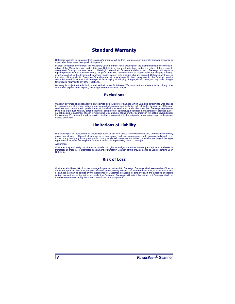 Standard warranty, Powerscan, Scanner | Datalogic Scanning POWERSCAN SR User Manual | Page 6 / 24