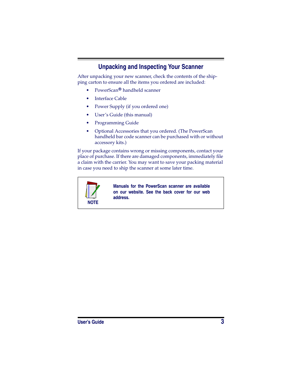 Unpacking and inspecting your scanner, 3unpacking and inspecting your scanner | Datalogic Scanning POWERSCAN SR User Manual | Page 9 / 24