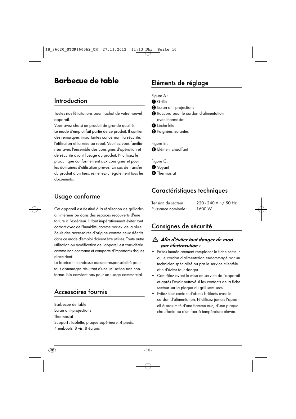 Barbecue de table, Introduction, Usage conforme | Accessoires fournis, Eléments de réglage, Caractéristiques techniques, Consignes de sécurité | Silvercrest STGR 1600 A2 User Manual | Page 13 / 34
