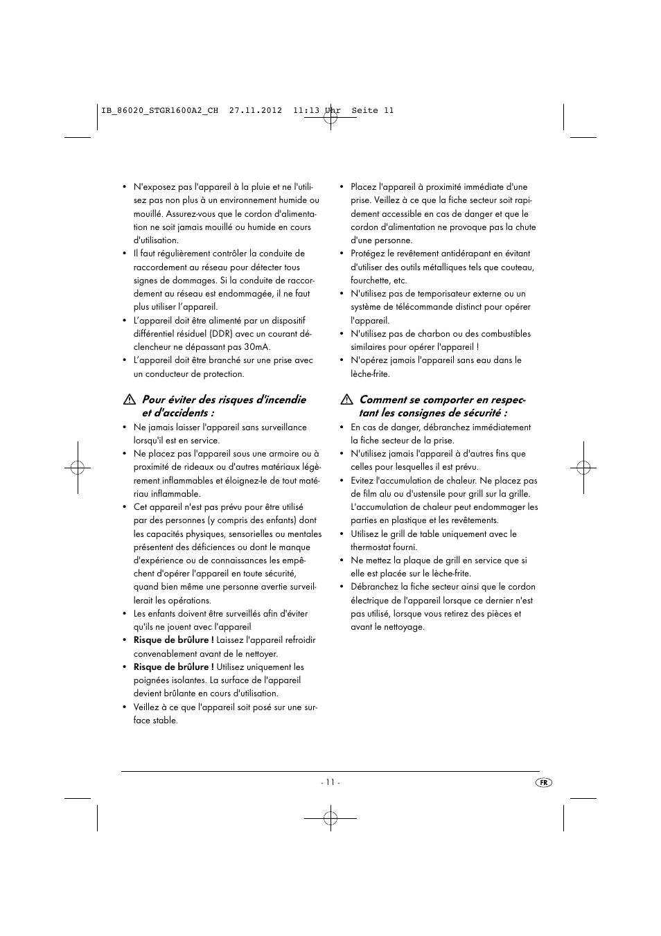 Pour éviter des risques d'incendie et d'accidents | Silvercrest STGR 1600 A2 User Manual | Page 14 / 34