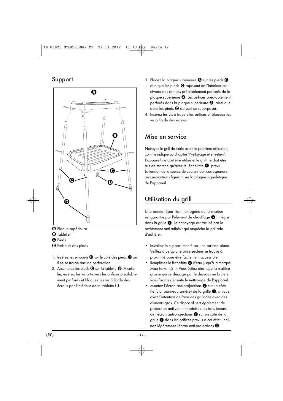 Support, Mise en service, Utilisation du grill | Silvercrest STGR 1600 A2 User Manual | Page 15 / 34