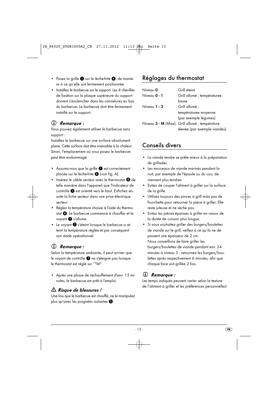 Réglages du thermostat, Conseils divers, Remarque | Risque de blessures | Silvercrest STGR 1600 A2 User Manual | Page 16 / 34