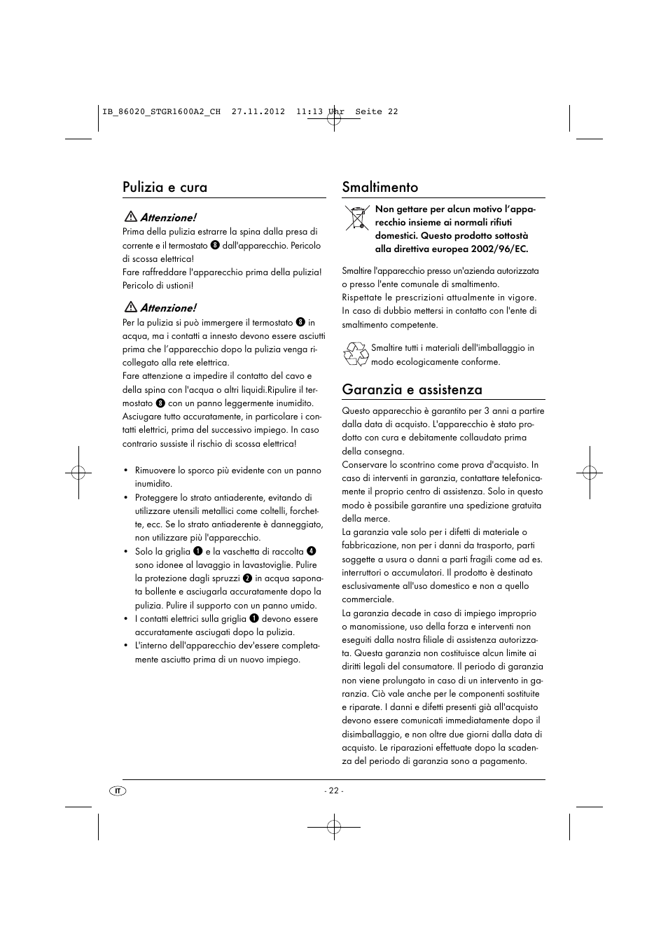 Pulizia e cura, Smaltimento, Garanzia e assistenza | Silvercrest STGR 1600 A2 User Manual | Page 25 / 34
