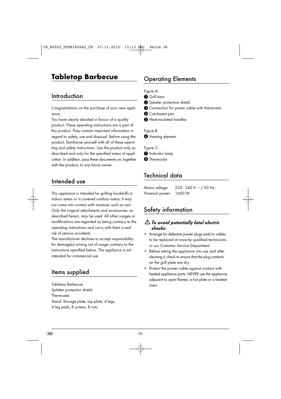 Tabletop barbecue, Introduction, Intended use | Items supplied, Operating elements, Technical data, Safety information | Silvercrest STGR 1600 A2 User Manual | Page 29 / 34