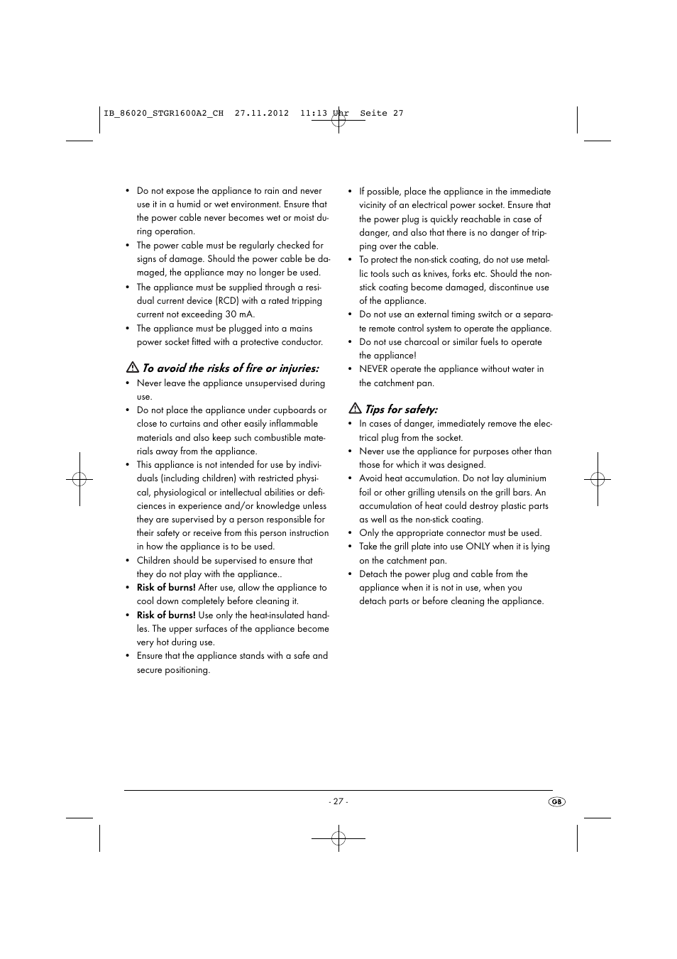 Tips for safety | Silvercrest STGR 1600 A2 User Manual | Page 30 / 34