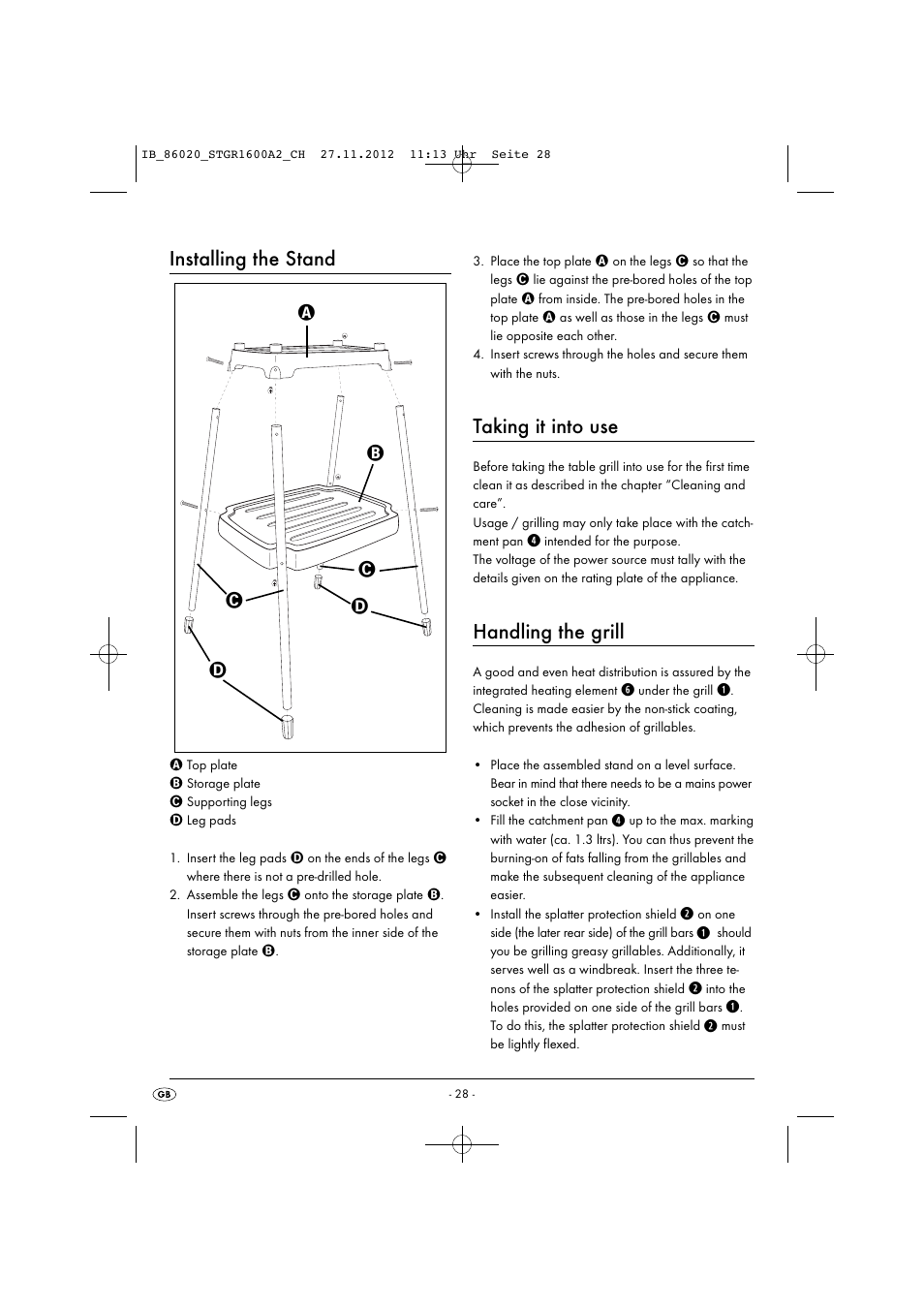 Installing the stand, Taking it into use, Handling the grill | Silvercrest STGR 1600 A2 User Manual | Page 31 / 34