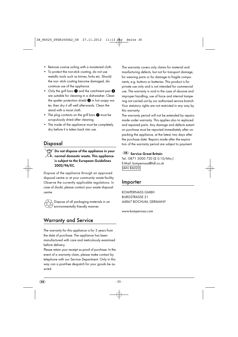 Disposal, Warranty and service, Importer | Silvercrest STGR 1600 A2 User Manual | Page 33 / 34