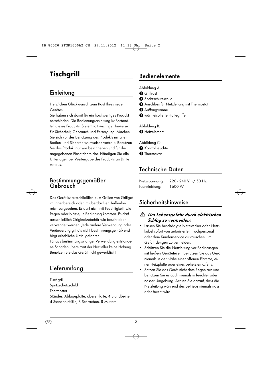 Tischgrill, Einleitung, Bestimmungsgemäßer gebrauch | Lieferumfang, Bedienelemente, Technische daten, Sicherheitshinweise | Silvercrest STGR 1600 A2 User Manual | Page 5 / 34