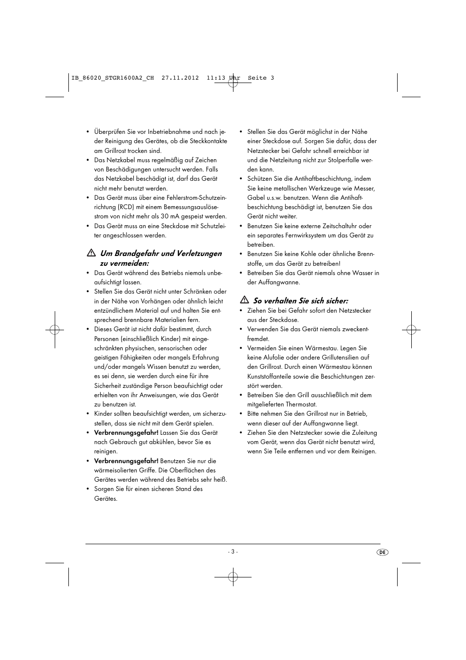 Um brandgefahr und verletzungen zu vermeiden, So verhalten sie sich sicher | Silvercrest STGR 1600 A2 User Manual | Page 6 / 34